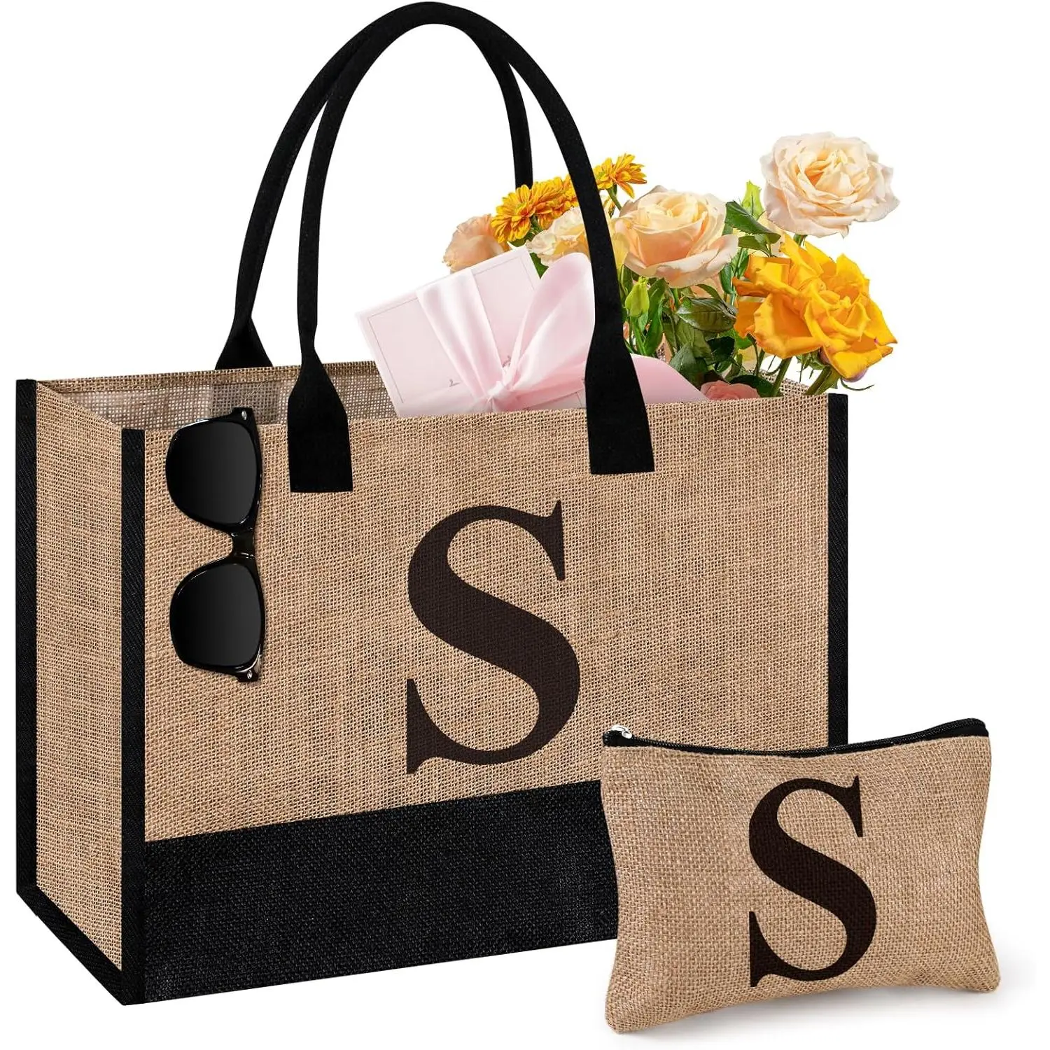 Initial Jute Tote Bag & Makeup Bag, Birthday Gifts for Women Her Mom Teachers Friends