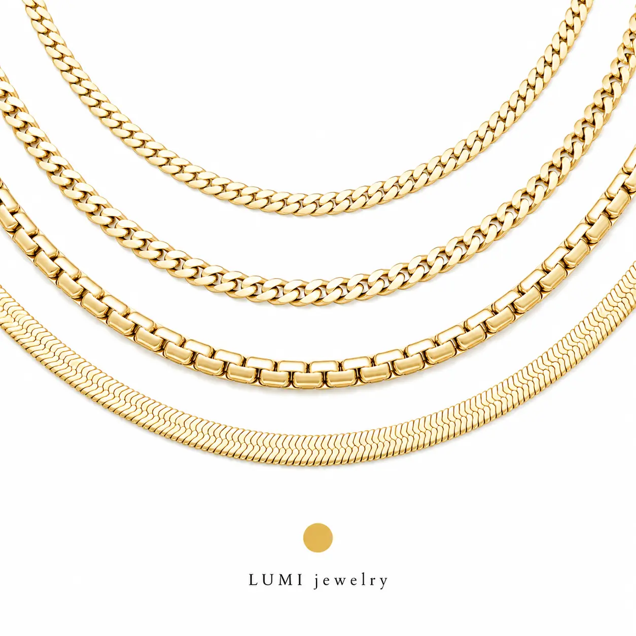 LUMI Jewelry 14K Gold Plated Chain Necklace for Men Women, 4 Styles Cuban Link Curb Chain Box Chain Herringbone Chain, 7mm 8mm 10mm Gold Necklace, Streetwear Jewelry Gift