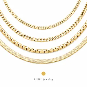 LUMI Jewelry 14K Gold Plated Chain Necklace for Men Women, 4 Styles Cuban Link Curb Chain Box Chain Herringbone Chain, 7mm 8mm 10mm Gold Necklace, Streetwear Jewelry Gift