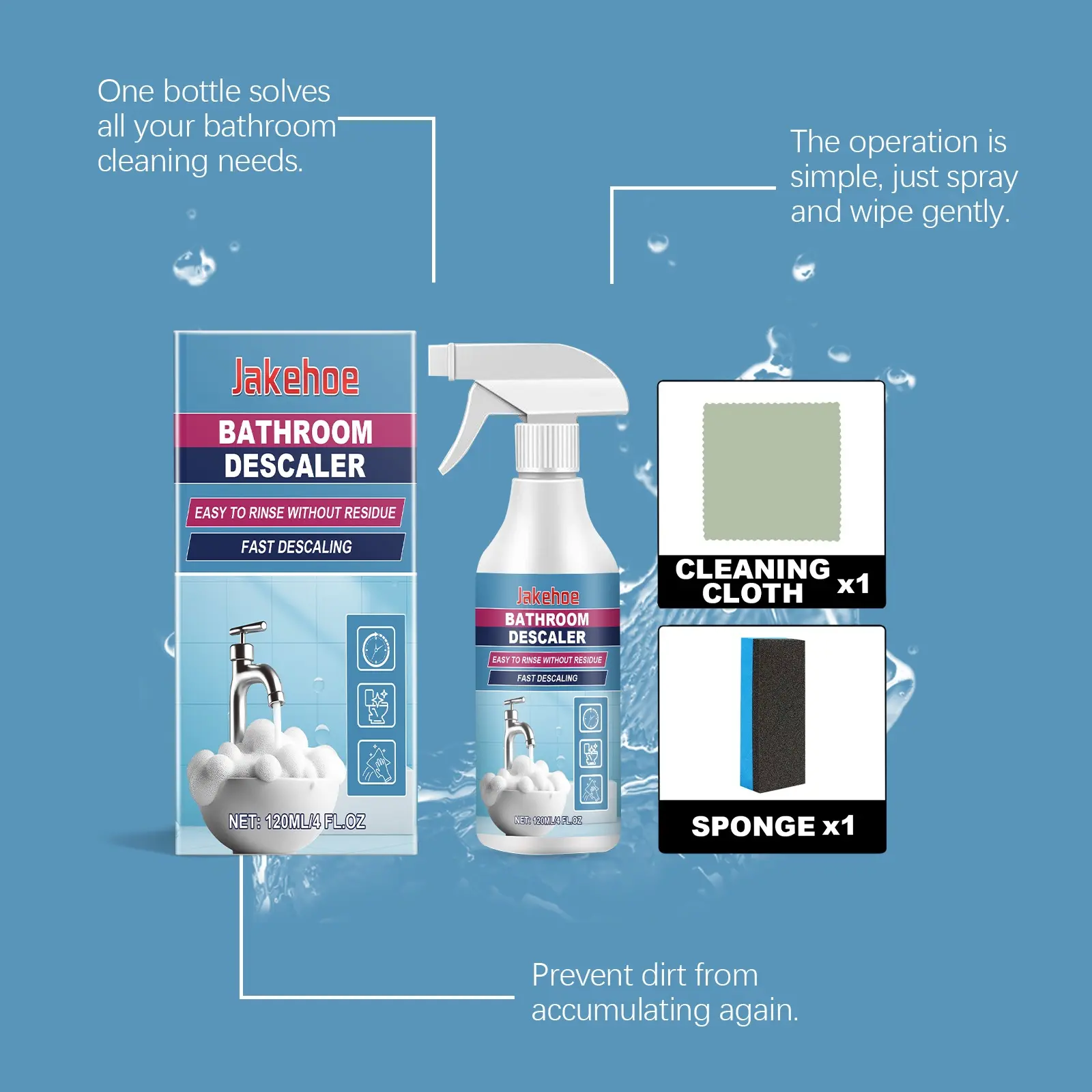Jakehoe Household Bathroom Grime Cleaner, Multi-functional Limescale Stain Remover & Toilet Bowl Cleaner for Toilets & Faucets, Includes Cleaning Cloth & Sponge, Easy Rinse, No Residue