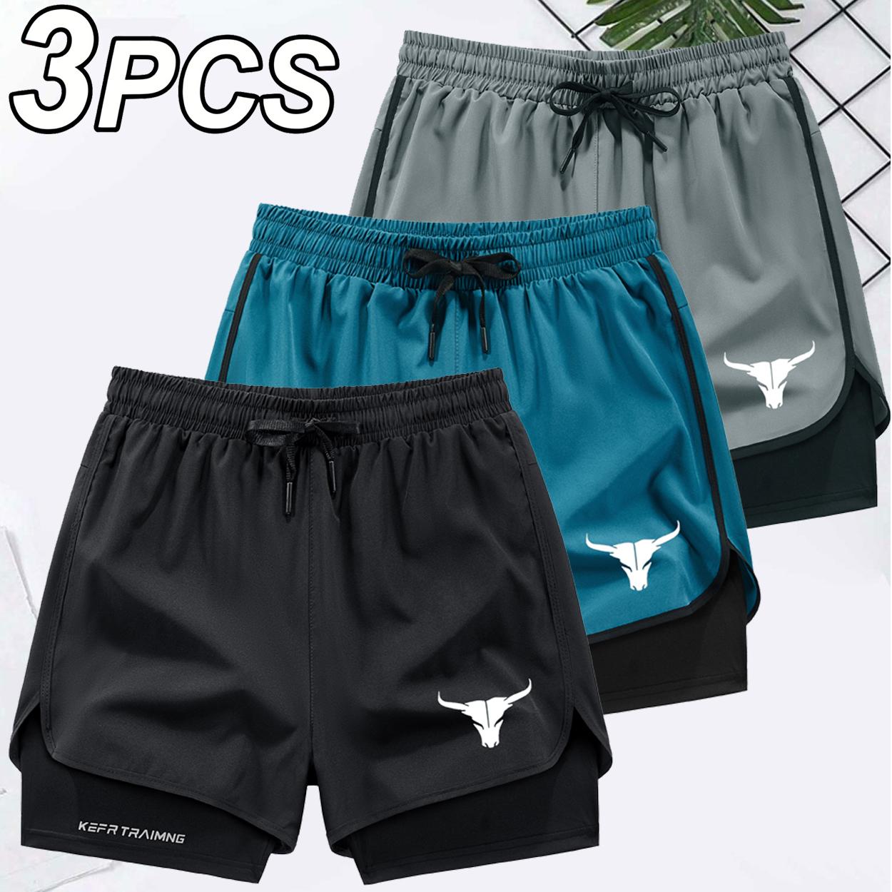 Men's 2 in 1 Quick Dry Gym Shorts, Bull Graphic Double-Decker Athletic Shorts with Zipper Pockets, 3 Pack Workout Running Shorts for Men