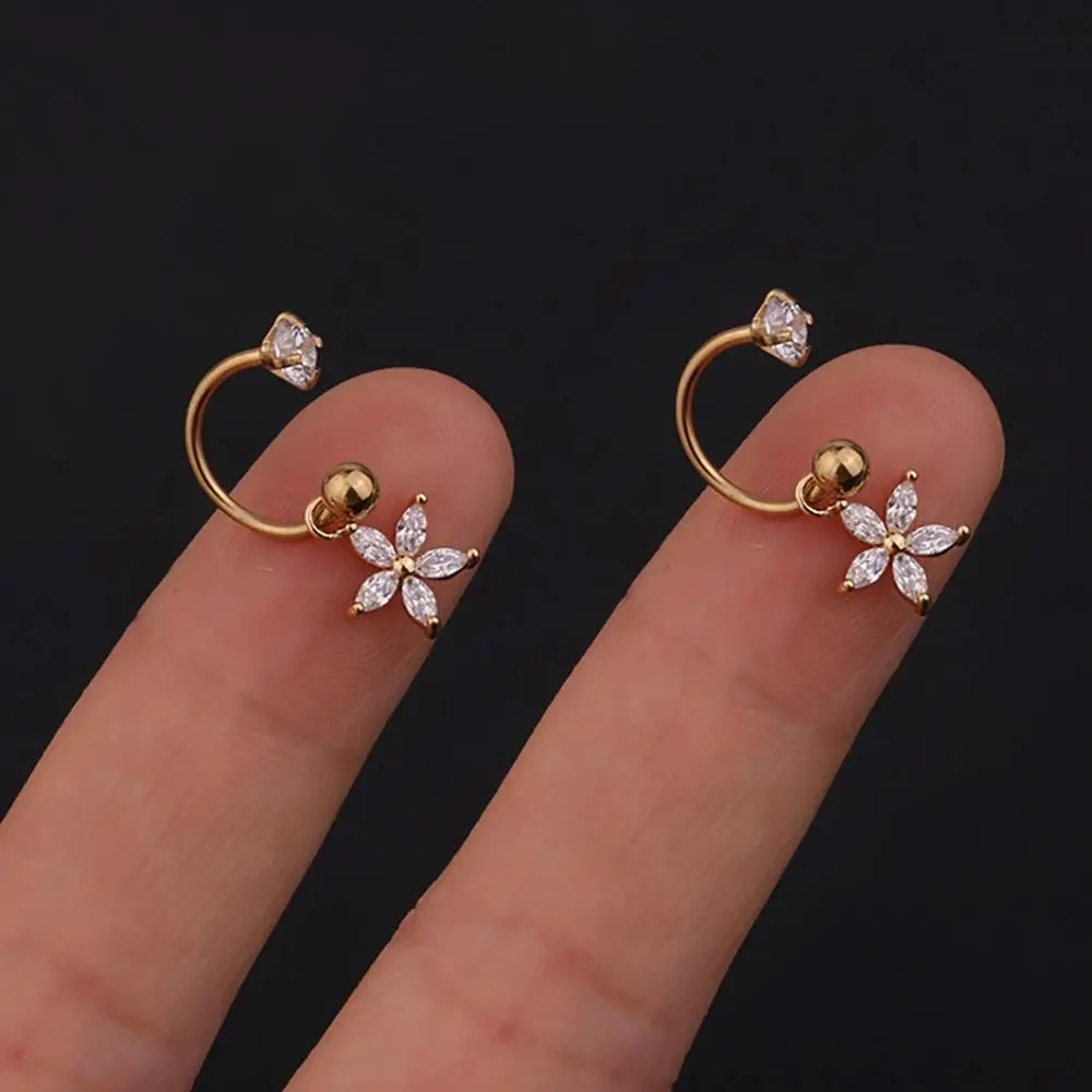 Daith Piercing Earrings for Women, Stainless Steel Mini Hoop with Moon Flower CZ Drop for Tragus Piercing & Cartilage, Fashionable Jewelry Accessories, Attachment Earrings