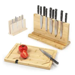 Bamboo Cutting Board for Kitchen with Multiuse Magnetic Knife Holder Combo with Knife Sharpener - Magnetic Knife Block- Cutlery Display Stand and Storage Rack