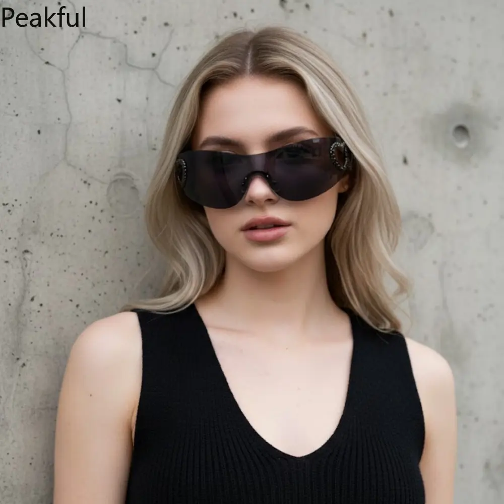 Cycling Rimless Y2K Sunglasses Men Women Trendy Gradient 2000'S Wrap Around Sun Glasses Punk One Piece Goggles Fashion Shades