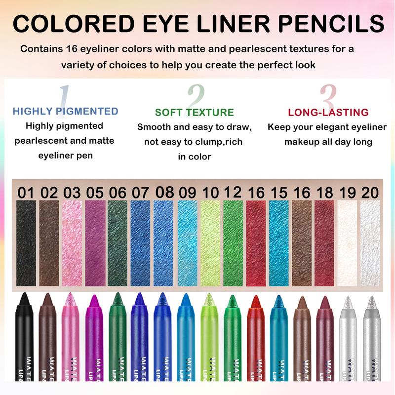 QIUFSSE 16 Color Vibrant Eye Liner Pencil Set for Creative Makeup, Highly Pigmented, Water-Resistant, Long Wearing & Smooth Application