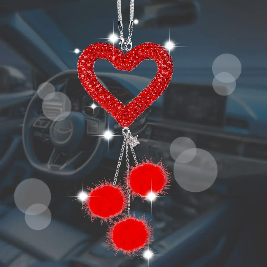 Full Diamond Heart Fur Ball Car Pendant, Luxurious Sparkling Faux Fur Tassel Rearview Mirror Decoration, High-End Car Interior Decor, Car Interior Ornaments, Car Hanging Decoration, Boujee Car Accessories, Car Decorations