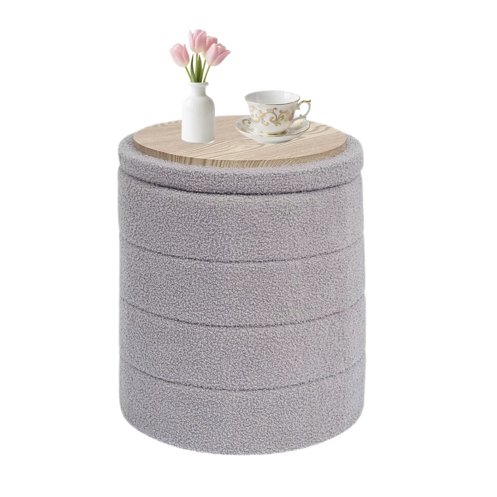 Round Storage Ottoman Teddy Fabric Folding Footstool with Tray Gray