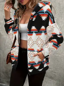 Western Aztec Sherpa Fleece Hooded Jacket RCJY05294 Knit Womenswear Apparel Oversized Boxy Hoodie for Fall 2025 Western Aztec Pattern Sherpa Fleece Material