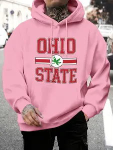 Men's Ohio State University Hoodie with Kangaroo Pocket and Drawstring Cap, Casual Fitted Sweatshirt for Young Adults, Geometric Print, Fashion Casual Sweatshirt