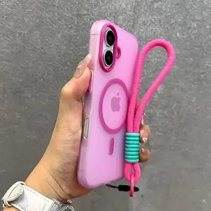 For Magsafe Candy Color Contrast Lanyard Case For iPhone 16 15 17 Pro Max 14 Plus 11 12 13 16e Hand Wrist Strap Matte Soft Cover Solar Waterproof Power Bank with Compass
