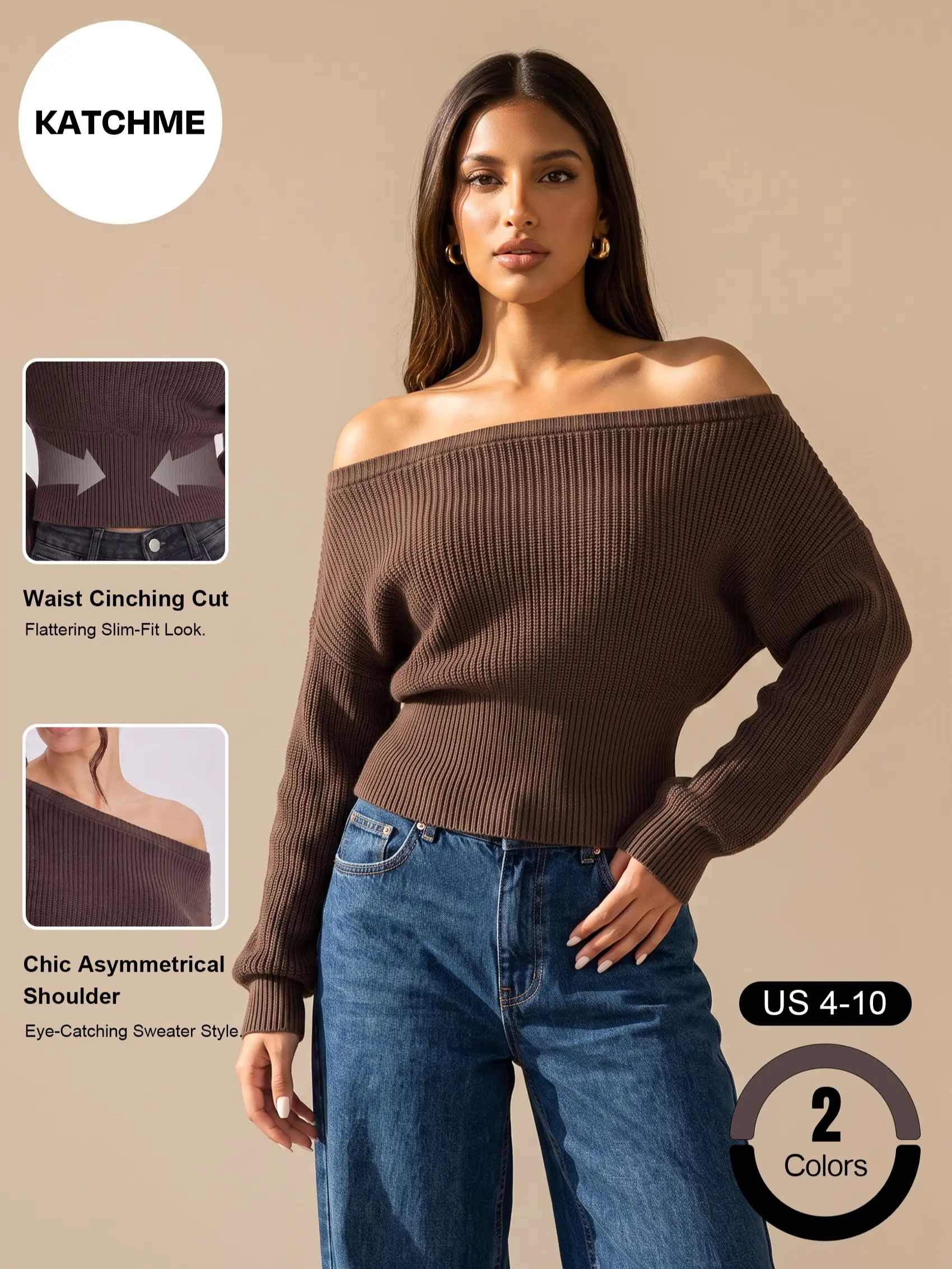 Katch Me Chic Women's Elegant Sloping Shoulder Cinched Waist Knit Sweater, Soft Stretchy Pill‑Resistant Long Sleeve Top, Cozy Warm Going Out Knitwear for Fall & Winter #TikTokMadeMeBuyIt #CozyWinterPullover #SoftKnitWear