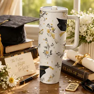1pc 40oz Stainless Steel Tumbler with Handle, Graduation Flowers Cap Print Travel Mug, Large Vacuum Insulated Cup for Coffee, Tea, Water, School & College Students, Perfect Graduation Gift for Friends, Family, Classmates, Keepsake Memory, Hot Cold Drinks,