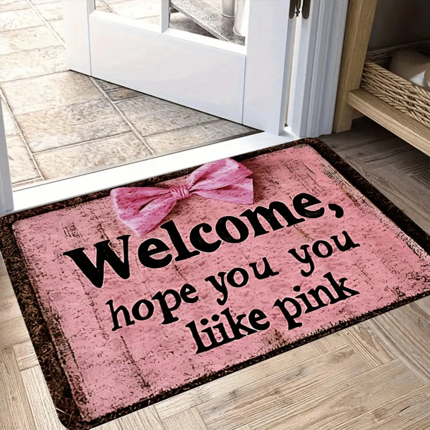 Pink Bow Graphic Doormat - Vintage-Style Decorative Mat with "Welcome, Hope You Like Pink" Text, Indoor Entryway Porch Mat for Housewarming Home Gifts