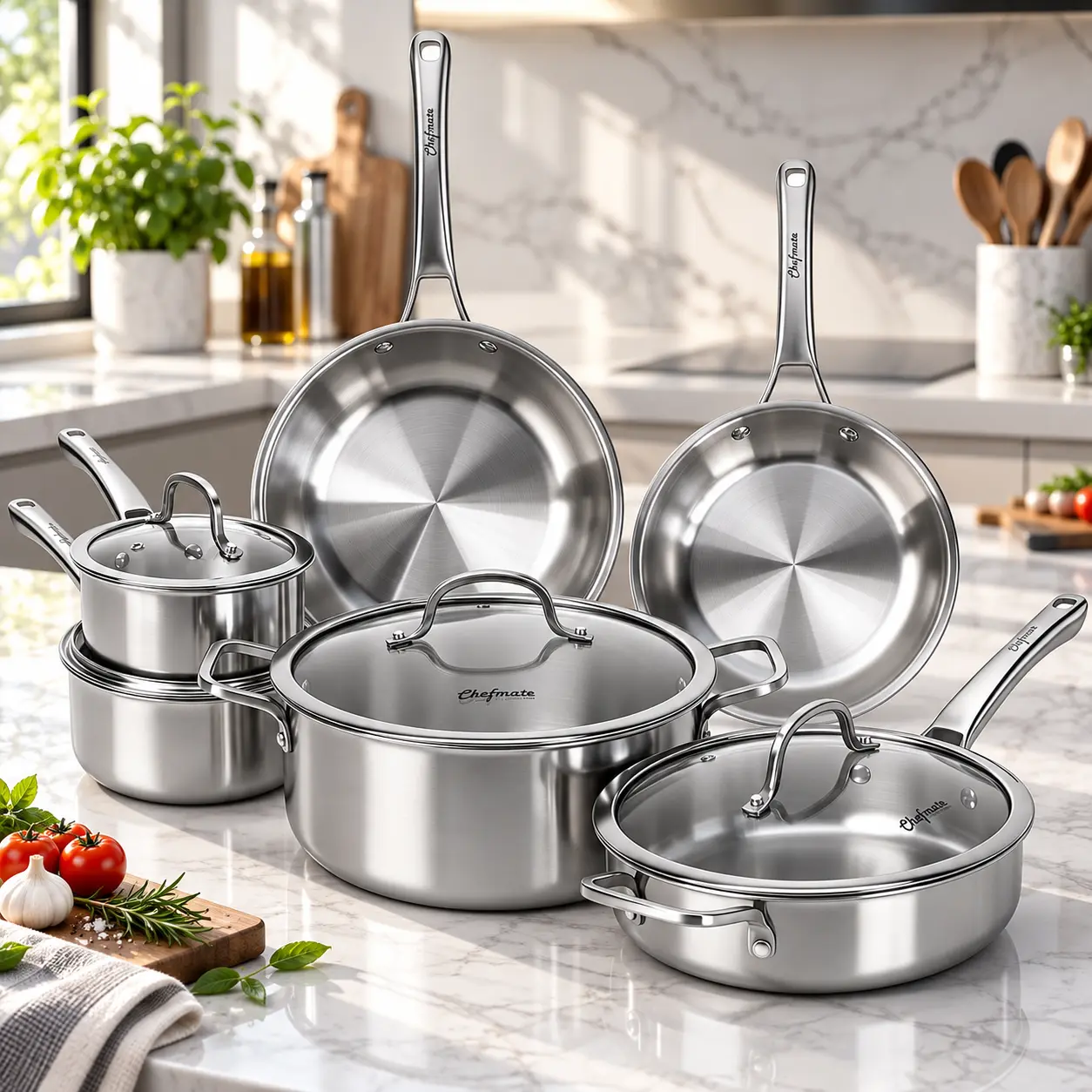 10-Piece Stainless Steel Cookware Set, Tri-Ply Pots and Pans Set with Lids, Full Clad Stainless Steel, Non-Toxic Kitchen Cooking Set, PFOA & PTFE Free, Dishwasher Safe, Oven Safe, Compatible with All Cooktops