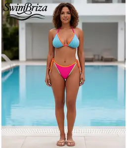 Briza｜Women's Textured Colorblock Triangle Halter Bikini Two Piece Swimsuit with Tie-Side Bottoms in Aqua Blue and Hot Pink, Trendy Brazilian Bathing Suit for Beach, Pool and Summer Vacation, Women's Swimwear, Bathing Suit for Women