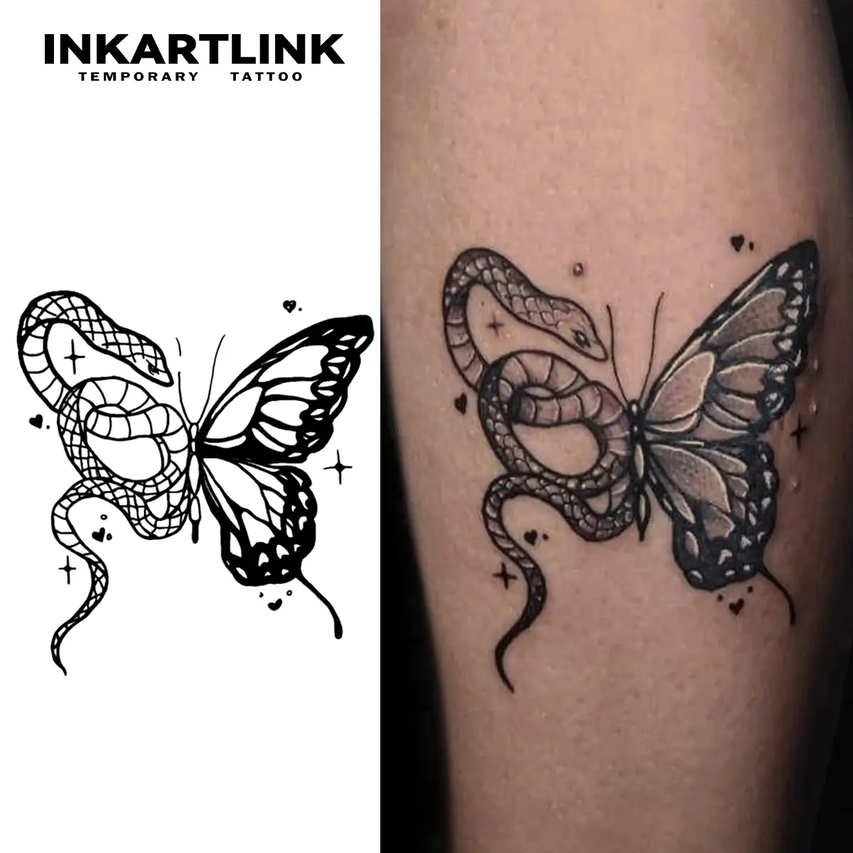 INKARTLINK Tattoo Tech, 2 Sheets Semi-Permanent Temporary Tattoos,Snake And Butterfly, Adult Art Design,Lasts 1-2 Weeks, Waterproof, Realistic Look, No Adhesive, No Reflection,For Man And Woman,Ideal for Swimming, Party, Sticker Tattoos, Temporary Tattoo