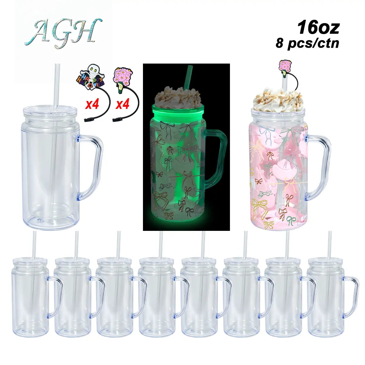 AGH 8-PACK 16OZ GLOW TO DARK GREEN double wall KIDS plastic Snow globe tumbler For DIY GIFT Halloween, With Pre Drilled Hole And Plugs