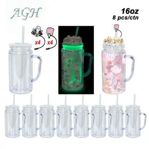 AGH 8-PACK 16OZ GLOW TO DARK GREEN double wall KIDS plastic Snow globe tumbler For DIY GIFT Halloween, With Pre Drilled Hole And Plugs