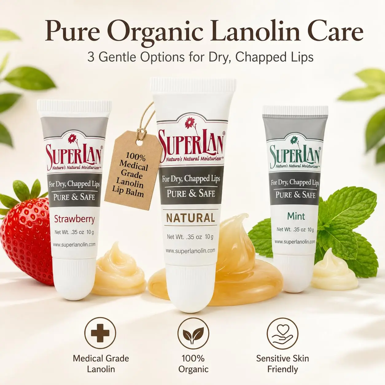 Organic Lanolin Lip Balm For Dry, Cracked, Chapped Lips. With Ultra-Pure Medical Grade Lanolin & Jojoba Oil Hypoallergenic 3 Pack - Original, Strawberry and Mint (0.35 Oz)