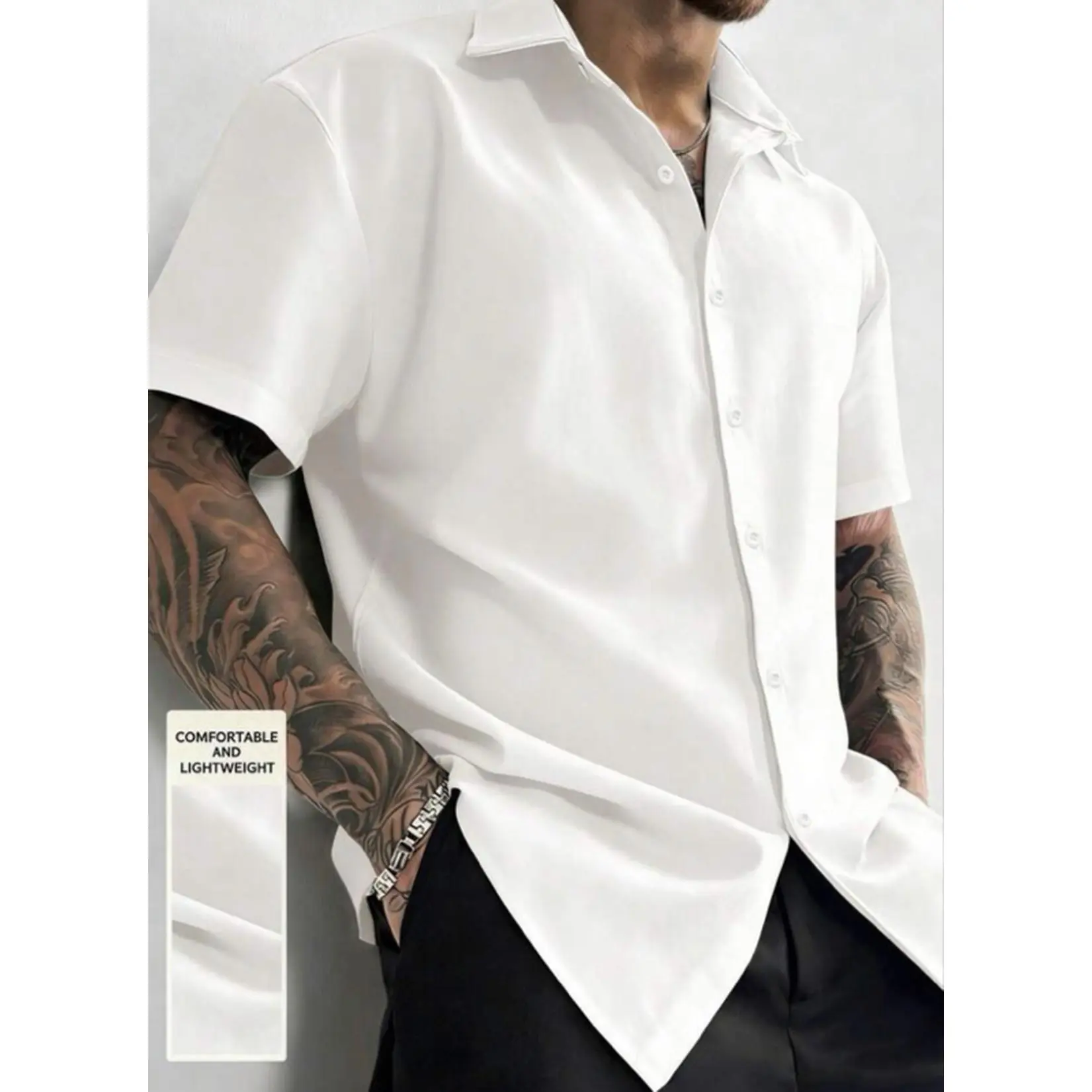 Men's Classic Stylish Plain Short-Sleeve Button-Down Shirt - Menswear Casual White Warmer Top with Comfortable, Lightweight Design