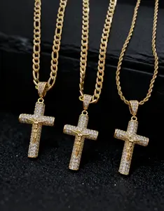 14K gold-plated, Cuban chain, Figaro, Miami cross, Jesus Christ cross, 24-inch length, 6mm width, everyday wear necklace.