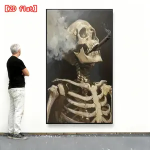 2D flat   Skull Smoking Art Frameless Canvas Wall Mural Aesthetic Canvas Print Wall Art, Suitable for Living Room Decoration, Bedroom Decoration, Office Decoration