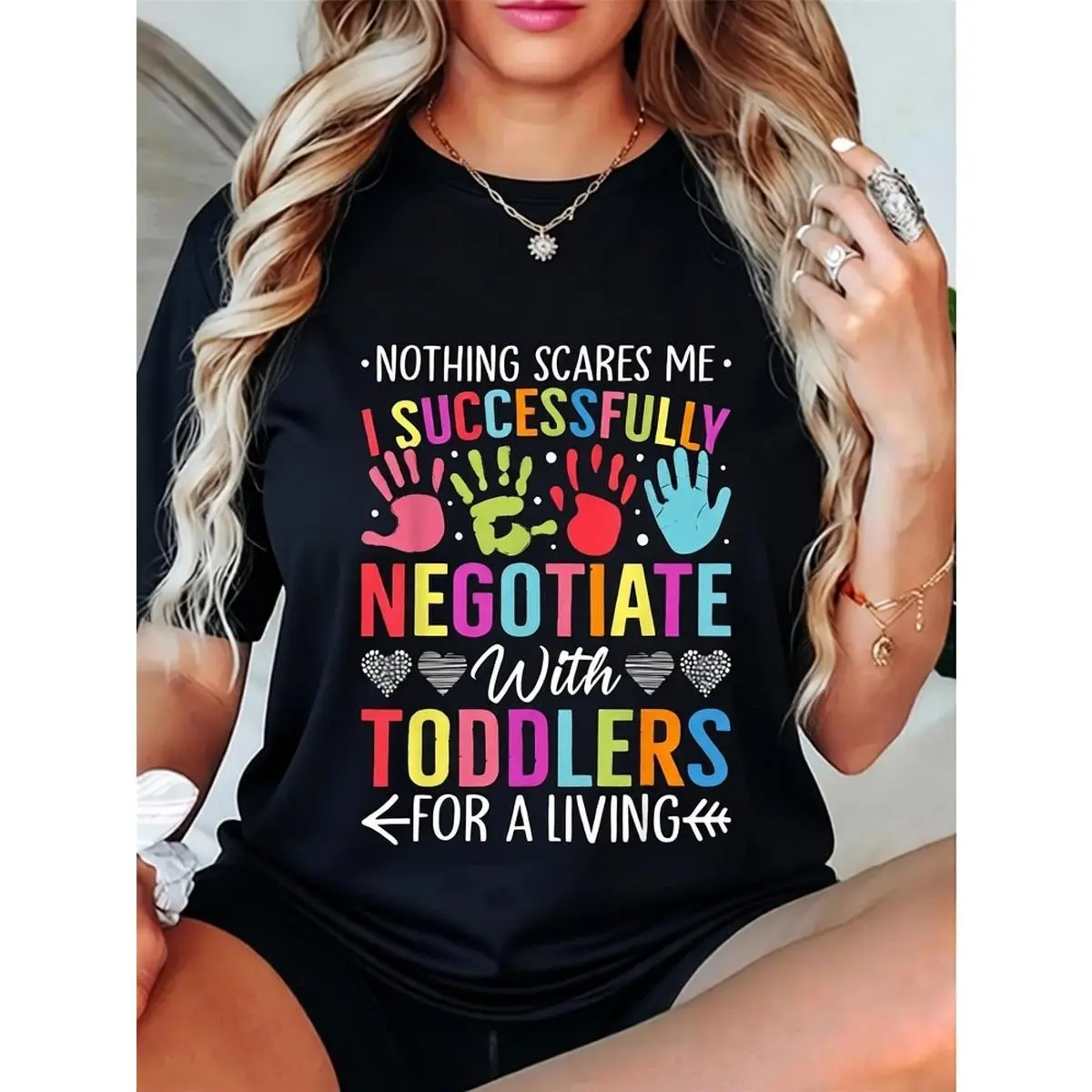 Men's "I Negotiate with Toddlers" Graphic T-Shirt - 100% Cotton Basic Shortsleeve Fashion Tshirt, Comfy Fabric Top for Daycare Teachers