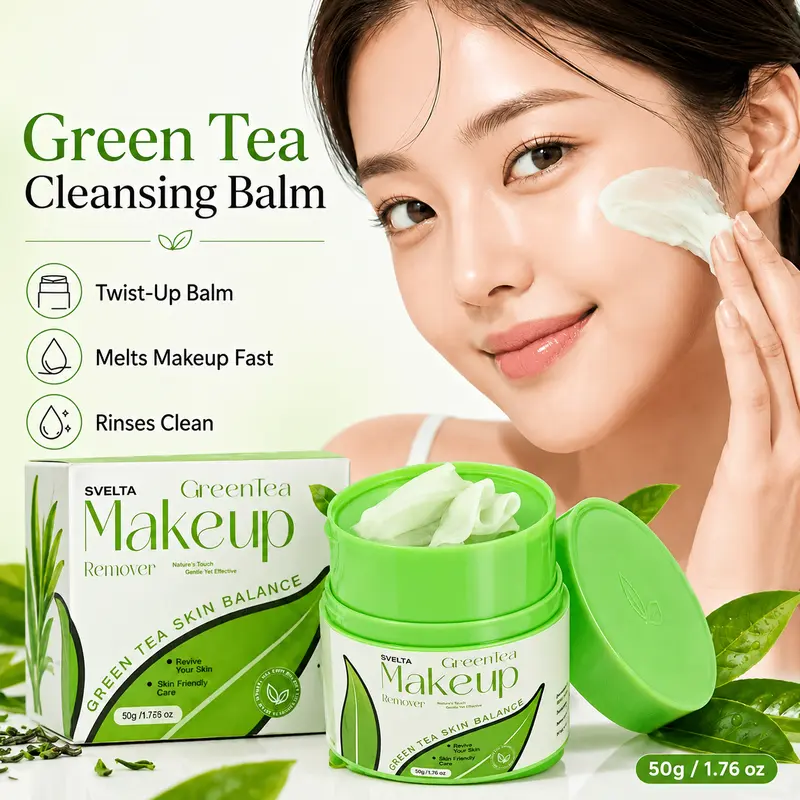 SVELTA Korean Green Tea Cleansing Balm Makeup Remover - Gentle, Effective Daily Face Balm - Twist-Up Texture, Nourishing Plant Oils - Melts Long-Wear Makeup, Waterproof Mascara, SPF Fast - Deep Cleansing, Hydrating, Rinses Clean - 50g (1.76 oz)