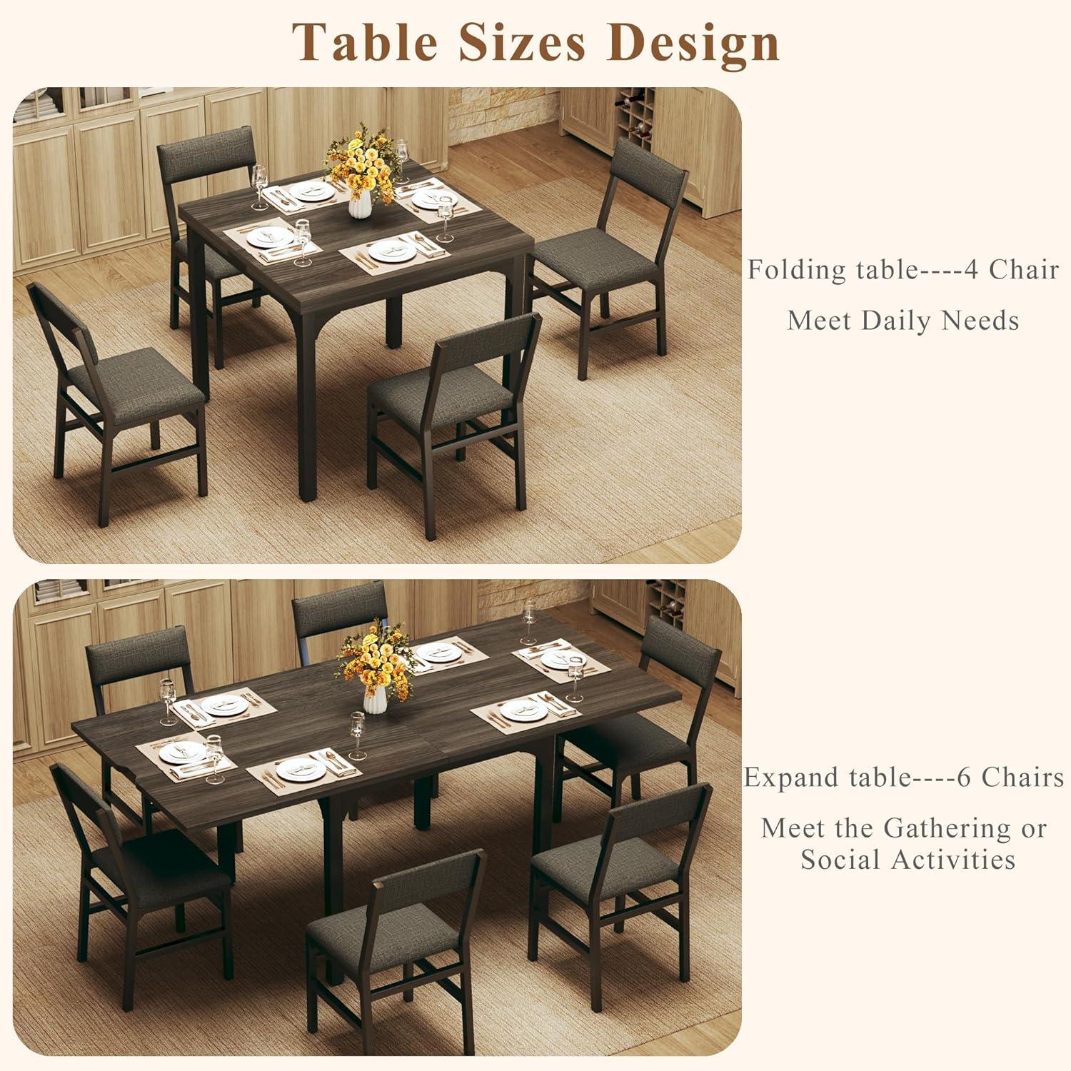 7-Piece Dining Table Set for 4-6, Extendable Kitchen Table Cushion Chairs Set of 6 with 6 Chairs, Rectangle Dining Table with Metal Frame & MDF Board, Folding for Small Apartment Saving Space,Grey Oak