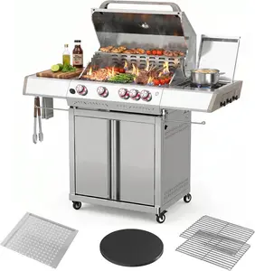 4-Burner Gas Grill, 42000 BTU BBQ Grill, Stainless Steel Barbecue Grill with Side Burner, Enameled Cast Iron Grill, Pull-Out Oil Tray, Suitable For Outdoor, Backyard Barbecues