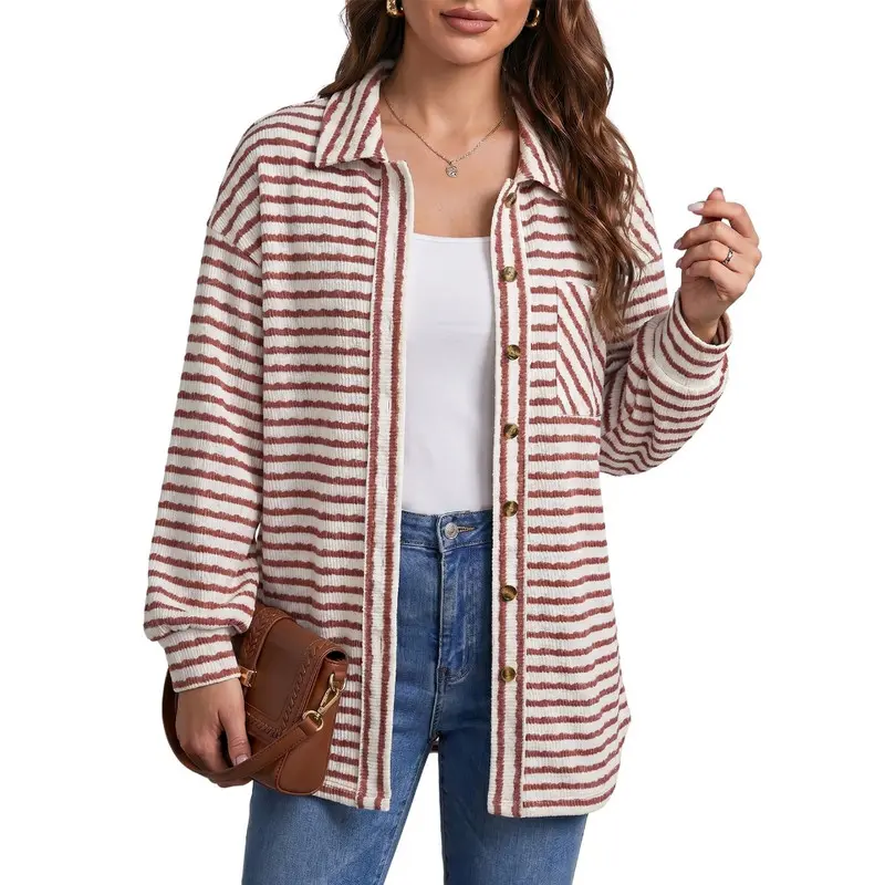 Dokotoo Fall Jackets for Women Casual Oversized Long Sleeve Striped Shirts Collared Button Down Shacket Jacket