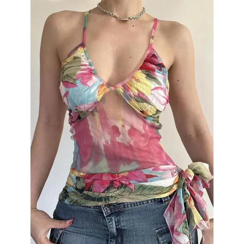 Women's Floral PrintTop, Boho Sleeveless Spaghetti Strap Top for Beach Holiday Vacation, Casual Fitted Sleeveless  Clothes for Summer, Summer Casual Sleeveless Womenswear Multicolor corset top