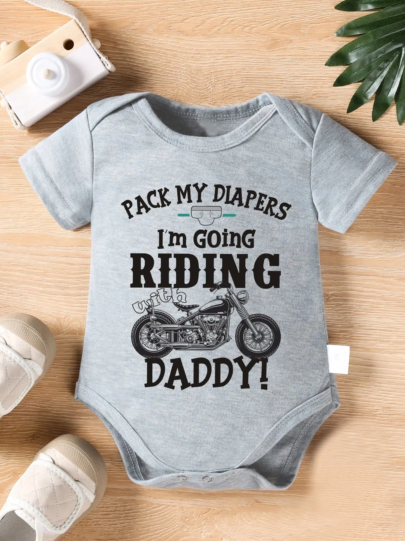 Baby "Pack My Diapers I'm Going Riding With Daddy" Motorcycle Bodysuit, Gray Cotton Short Sleeve Onesie