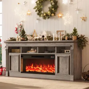 68" Farmhouse Electric Fireplace TV Stand, Media Entertainment Center with Open Storage Cabinets for TVs Up to 75 Inch, Modern Console Table for Living Room, Grey