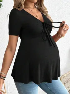 Maternity V-Neck Short Sleeve Solid-Color T-Shirt, Simple And Fashionable For Summer Black