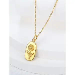Gold-Plated Amulet Vintage Textured Geometric Flower Long Rectangle Pendant Necklace - Elegant Chic Fashion Accessory for Daily, Party Wear, Exquisite Jewelry Gift