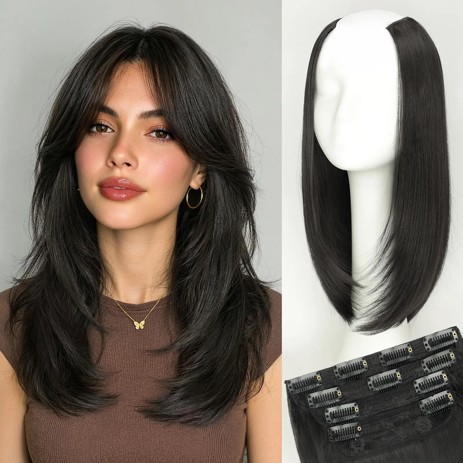 KooKaStyle 4PCS Clip-In Hair Extensions Full Set, Layered Face-Framing Straight Synthetic Hair for Natural-Looking Volume