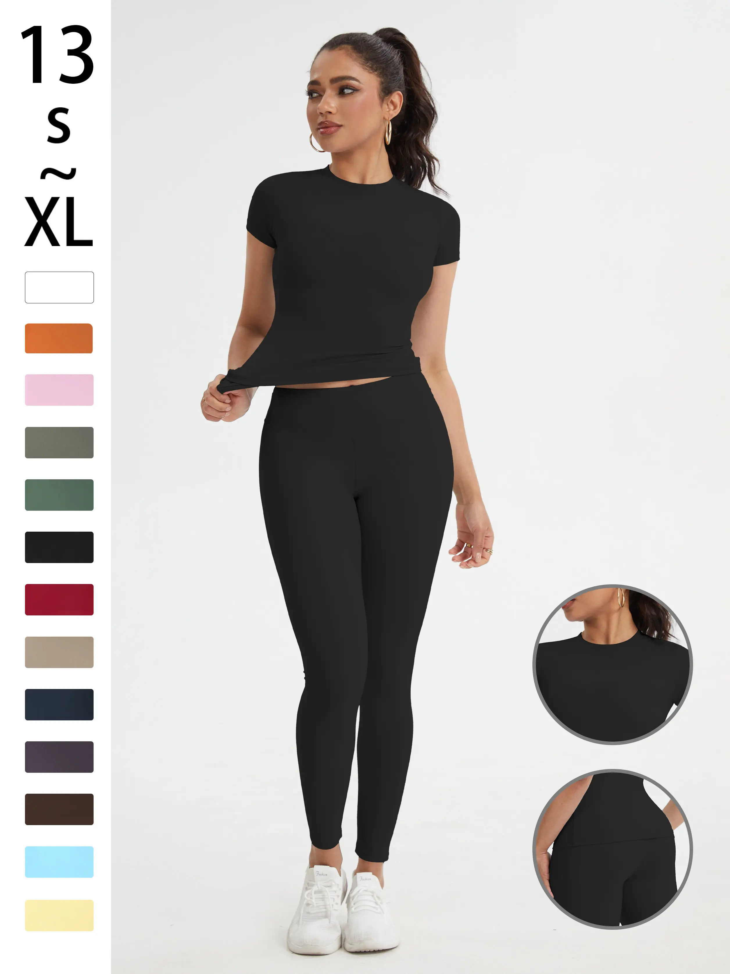 2-Piece Solid-Color Athletic T-Shirt Set Women's Sportswear Set, Slim-Fit RoundNeck Short Sleeves & High-Waisted YogaPants, Ideal for Gym Running OutdoorActivities,  Stretchy Suit Set, Fitness Outfits,Workout Running Outfits-8627
