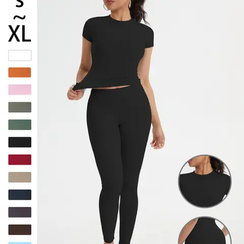 2-Piece Solid-Color Athletic T-Shirt Set Women's Sportswear Set, Slim-Fit RoundNeck Short Sleeves & High-Waisted YogaPants, Ideal for Gym Running OutdoorActivities,  Stretchy Suit Set, Fitness Outfits,Workout Running Outfits-8627