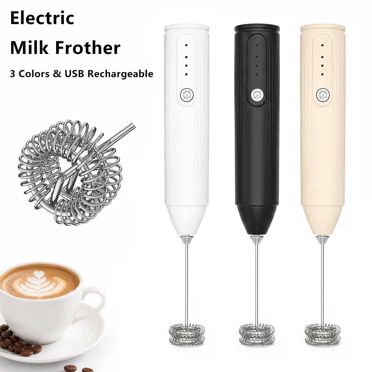Rechargeable Electric Milk Frother, Handheld Milk Foamer with Stainless Steel Whisk Heads and 3 Speed Settings, Suitable for Milk, Latte, Coffee, Cappuccino, Hot Chocolate