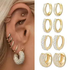 4 Pairs Gold Hoop Earrings Set for Women – Small Diamond Pave Huggie Earrings with Sterling Silver Posts