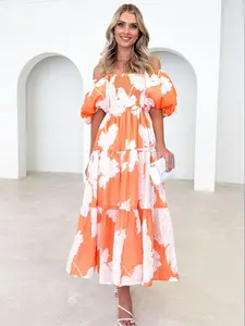 Women's Breezy Scoop Neck Puff Sleeve Floral Print Thin Waist Loose Maxi Dress