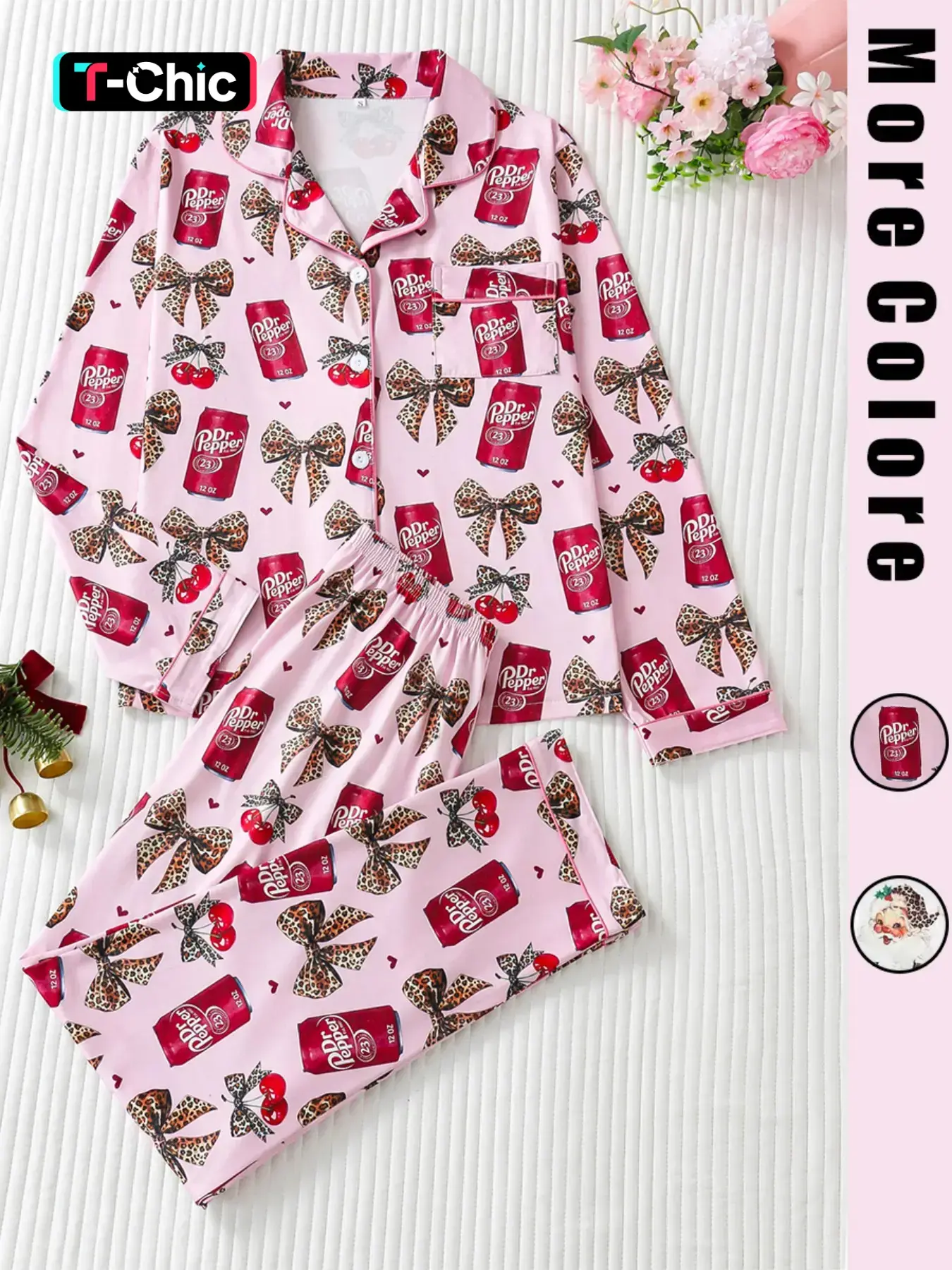 Women's Christmas Leopard Santa Claus Pajama Set, Pajamas Sleepwear, Long Sleeve Collared Loungewear Sleepwear & Pants, Elegant Fitted Nightwear for All Seasons