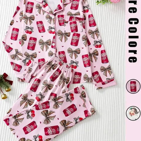 Women's Christmas Leopard Santa Claus Pajama Set, Pajamas Sleepwear, Long Sleeve Collared Loungewear Sleepwear & Pants, Elegant Fitted Nightwear for All Seasons