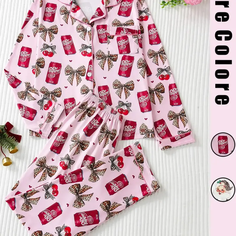 Women's Christmas Leopard Santa Claus Pajama Set, Pajamas Sleepwear, Long Sleeve Collared Loungewear Sleepwear & Pants, Elegant Fitted Nightwear for All Seasons