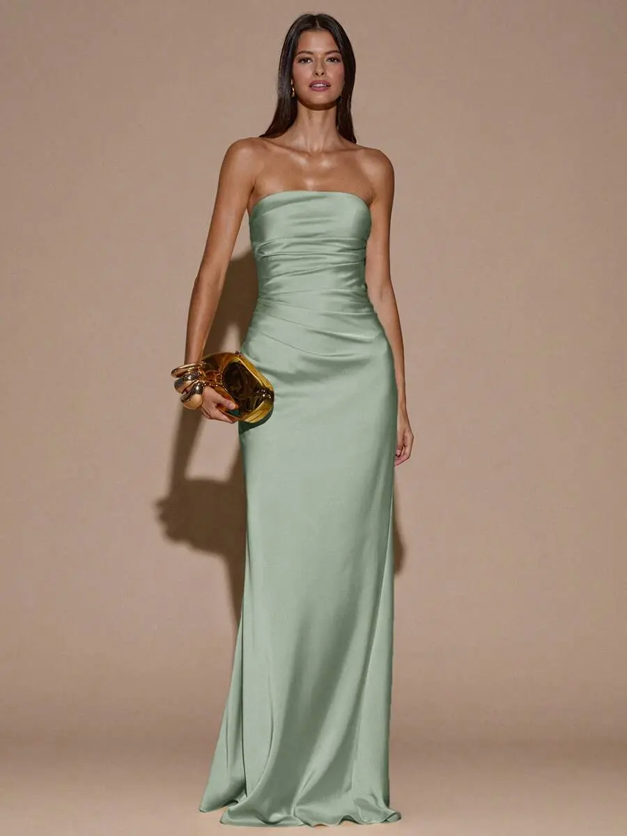 Elegant Sage Green Summer Mermaid Dress,Satin Backless Ruched Long Dress For Wedding Guest,Bridesmaid,Party,Cocktail & Formal Occasions For Women