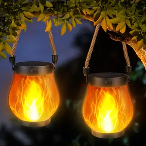 Solar Lanterns, Flickering Flame Garden Lights, USB and Solar Dual Charging, Outdoor Waterproof Pendant Lights for Yard Pat，Halloween Decorationsio Porch Decoration