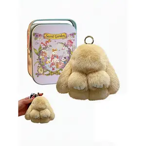 Bunny lulu Rabbit Keychain with Metal Box, Soft and Fluffy Rabbit Keychain, Cute Colorful Rabbit Fur Ball, Stylish Women's Keychain
