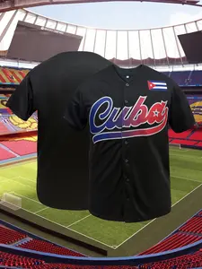 Men Women Loose Fit "CUBA" Embroidery Baseball Jersey, Breathable Short Sleeve Baseball Shirt, All-Season Sportswear Suitable For Street Hip-Hop, Baseball, Golf Training, Workout Tops, Athletic Tops, High Quality Sports Top