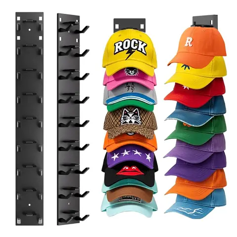 2-Pack Baseball Cap Organizers with Curved Support Bracket - Plastic Wall-Mounted Strong-Hold Racks, Adhesive/Screw Mount Hooks for Decorative Organization, Holds 18 Hats, Suitable for Bedroom, Brick/Tile Home Decor